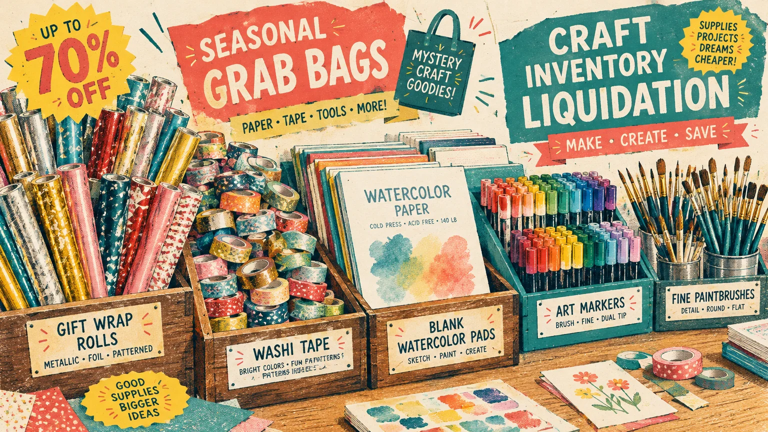 Illustration of craft supplies including gift wrap rolls, washi tape, and art markers with craft liquidation sale signs.
