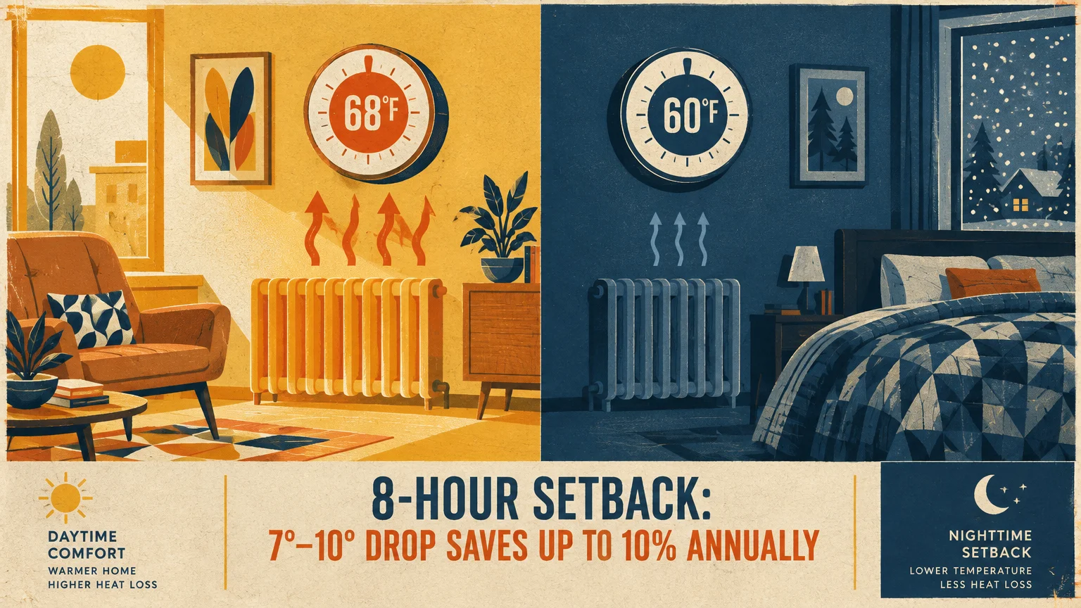 Split graphic contrasting a warm daytime living room at 68 degrees with a cool nighttime bedroom set to 60 degrees.
