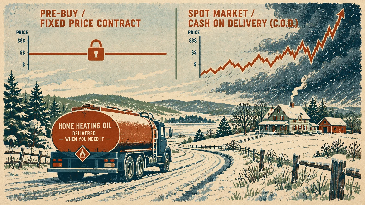 A heating oil truck on a snowy road beside charts comparing fixed price contracts against volatile spot market prices.
