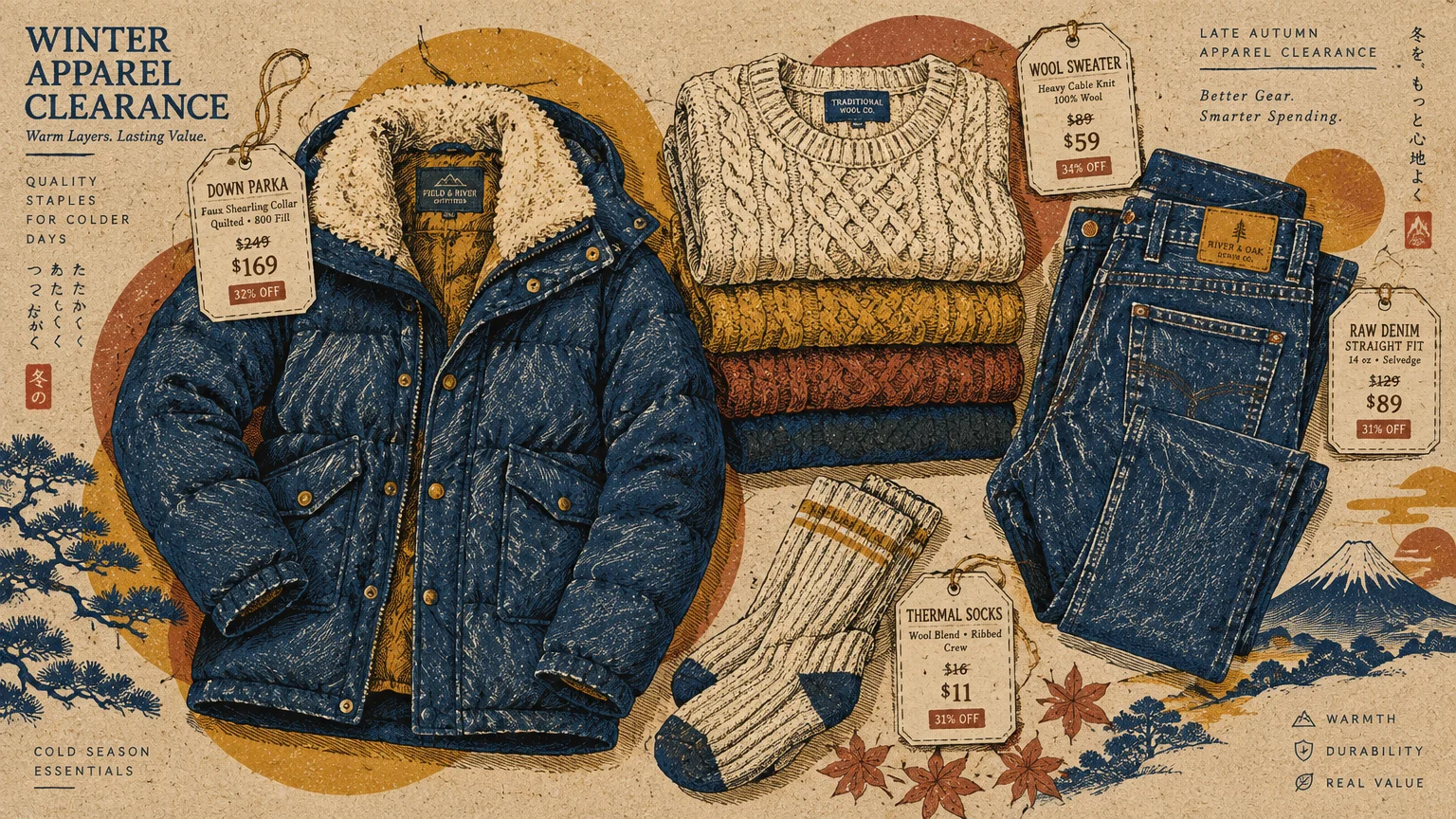 Illustration of winter clothing items like a down parka, knit sweaters, jeans, and socks with clearance price tags.