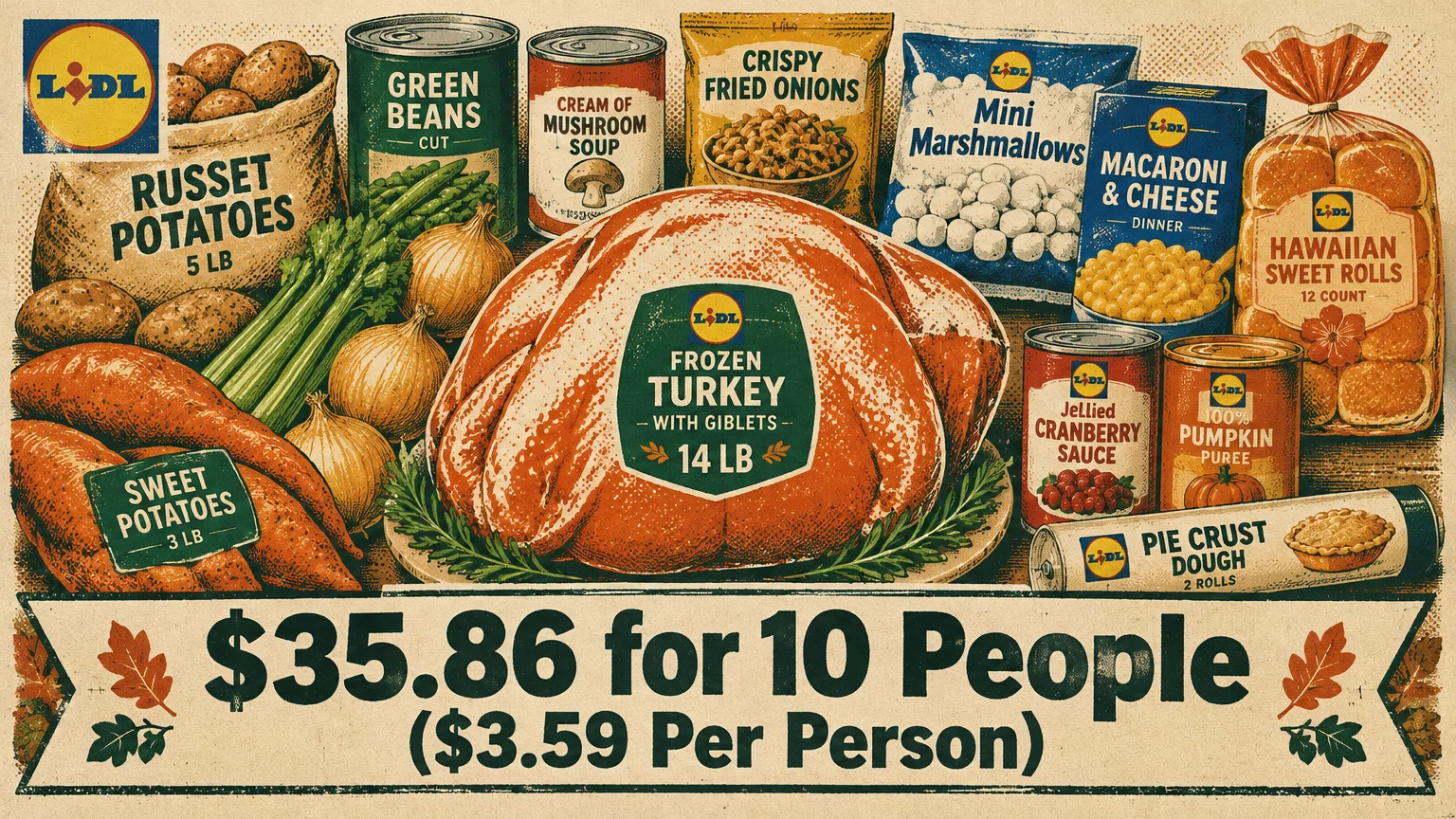 Retro illustration of Thanksgiving groceries featuring a fourteen-pound frozen turkey, canned goods, potatoes, and a price banner.