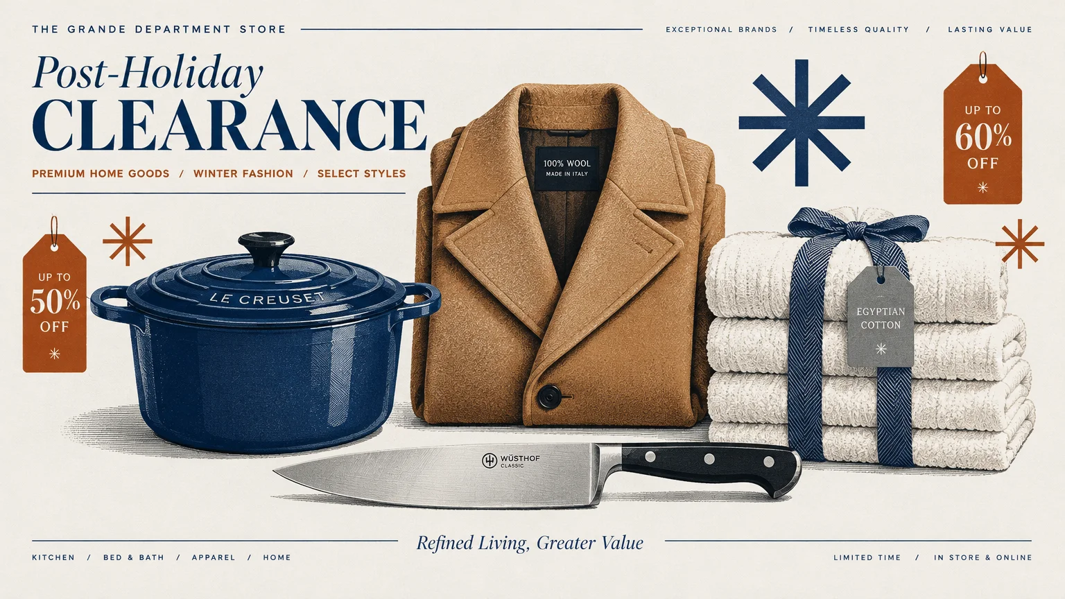 Illustration of a Dutch oven, kitchen knife, folded wool coat, and stacked towels alongside clearance sale tags.