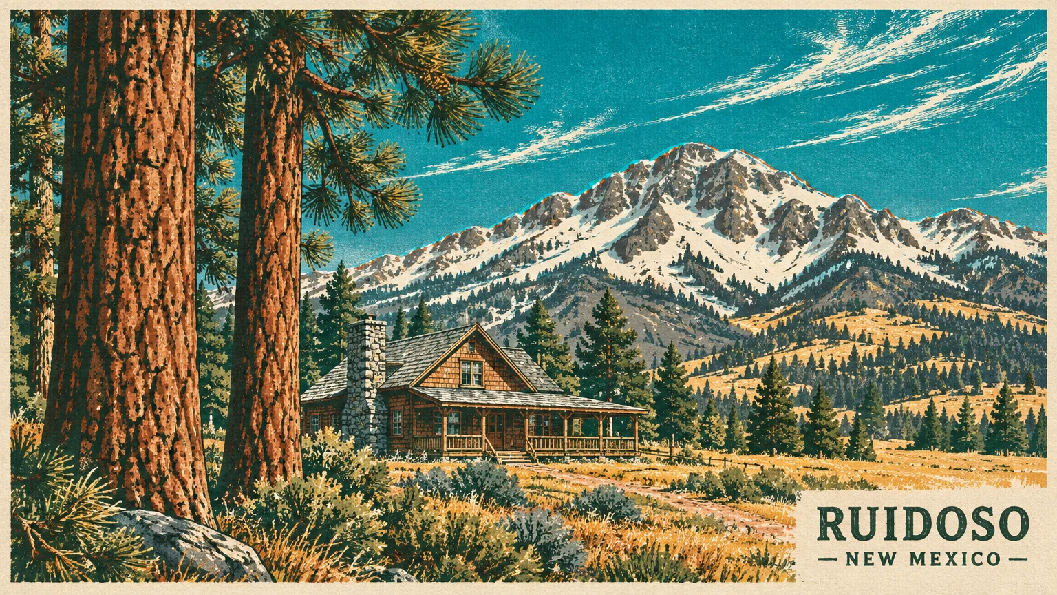Screenprint illustration of a rustic wooden cabin near pine trees, facing a snow-capped mountain under blue skies.