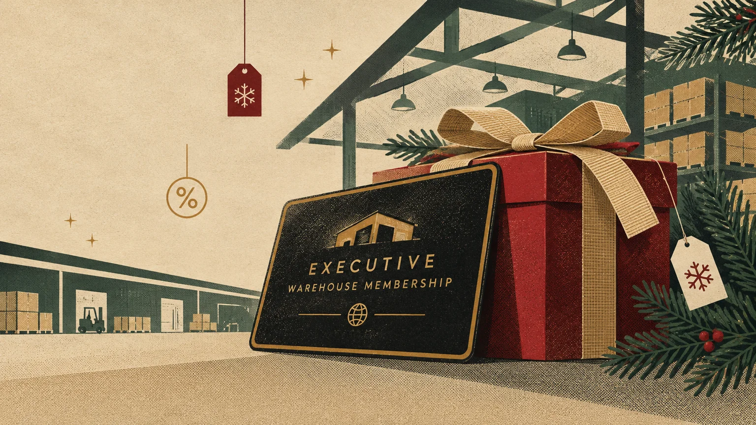 Illustration of an executive warehouse membership card leaning against a large red gift box inside a warehouse.