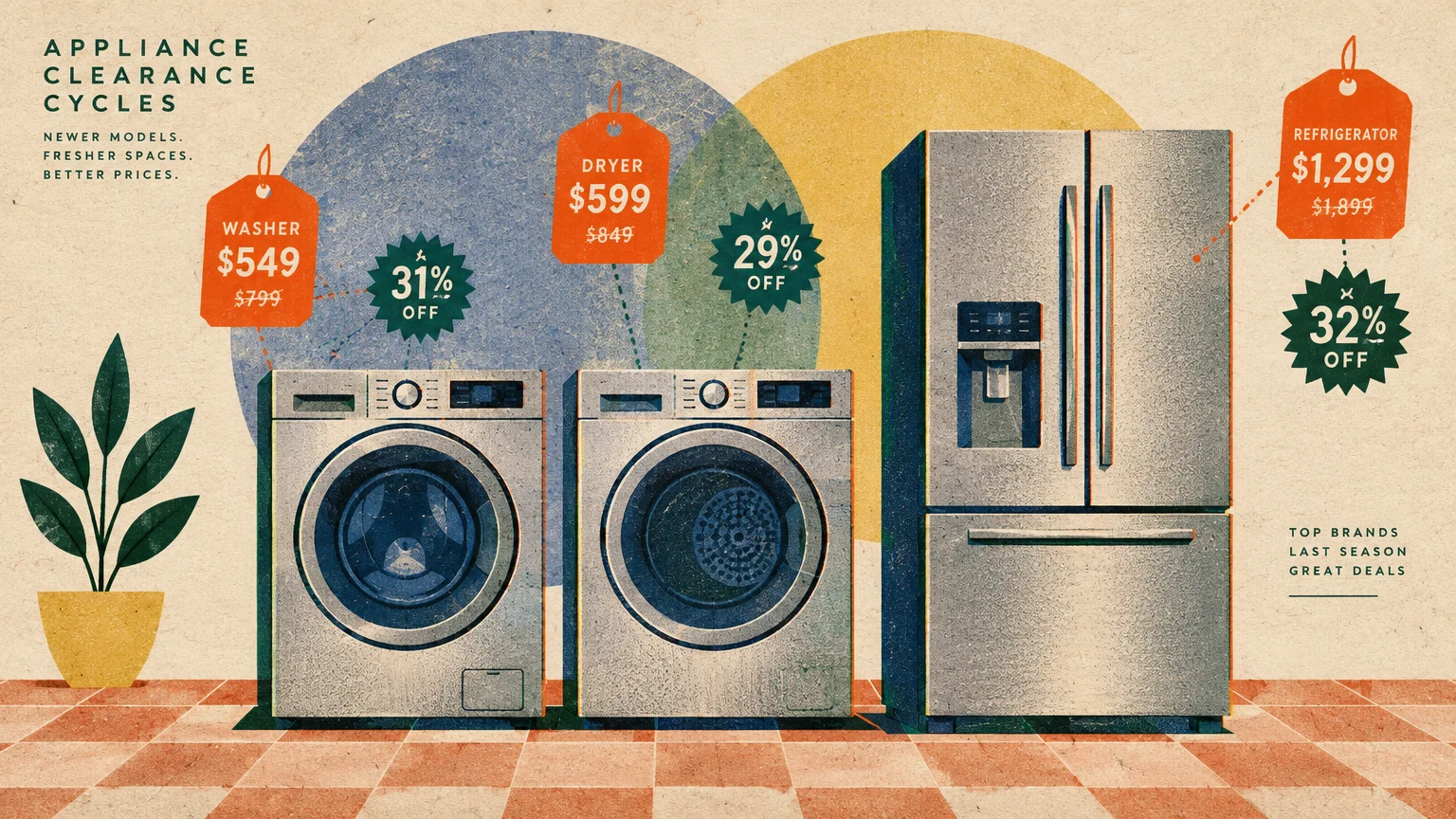 Retro illustration of a washing machine, dryer, and refrigerator on a tiled floor with hanging price tags and discount badges.