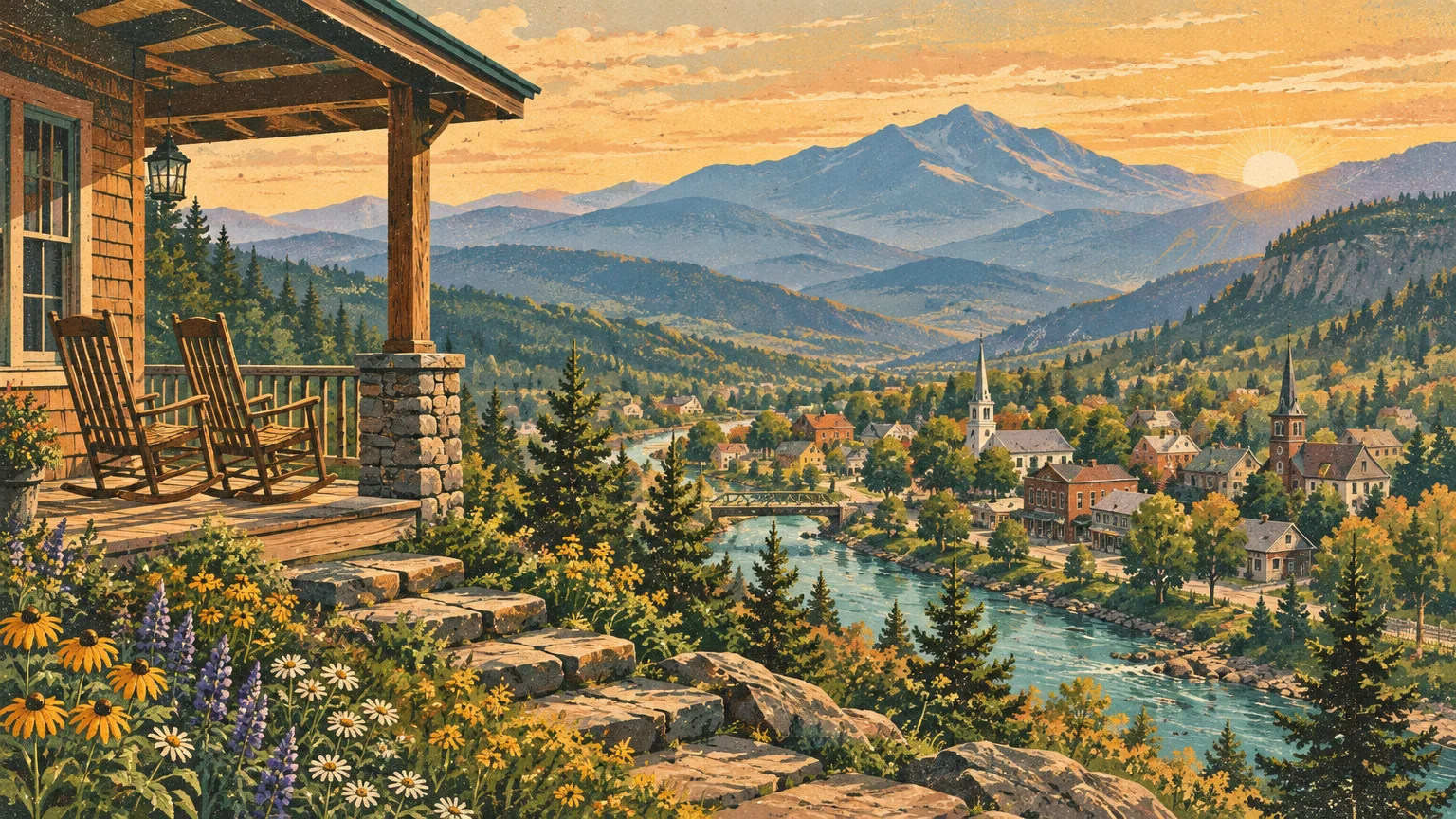 Illustration of rocking chairs on a cabin porch overlooking a river valley town surrounded by mountains at sunrise.