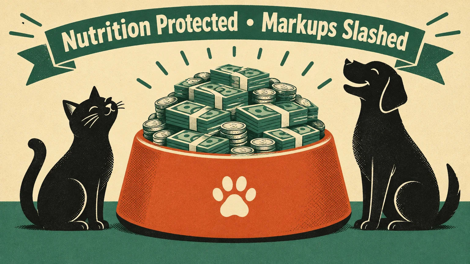 Illustration of a cat and dog sitting beside a pet food bowl overflowing with stacks of dollar bills and coins.
