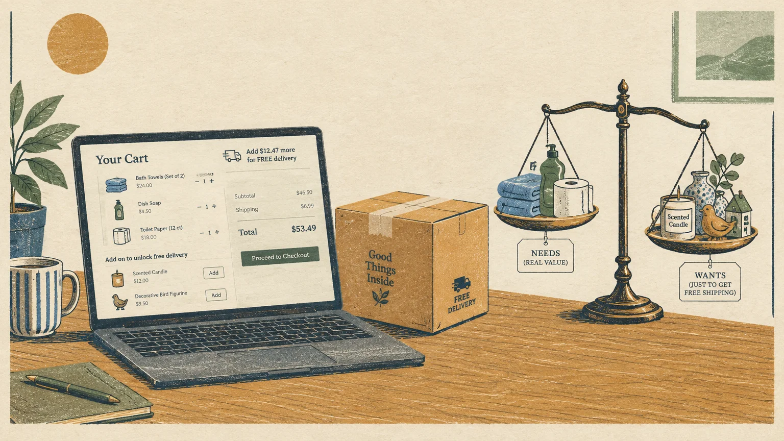 Illustration of a laptop showing an online cart beside a package and a scale balancing household needs against decorative wants.