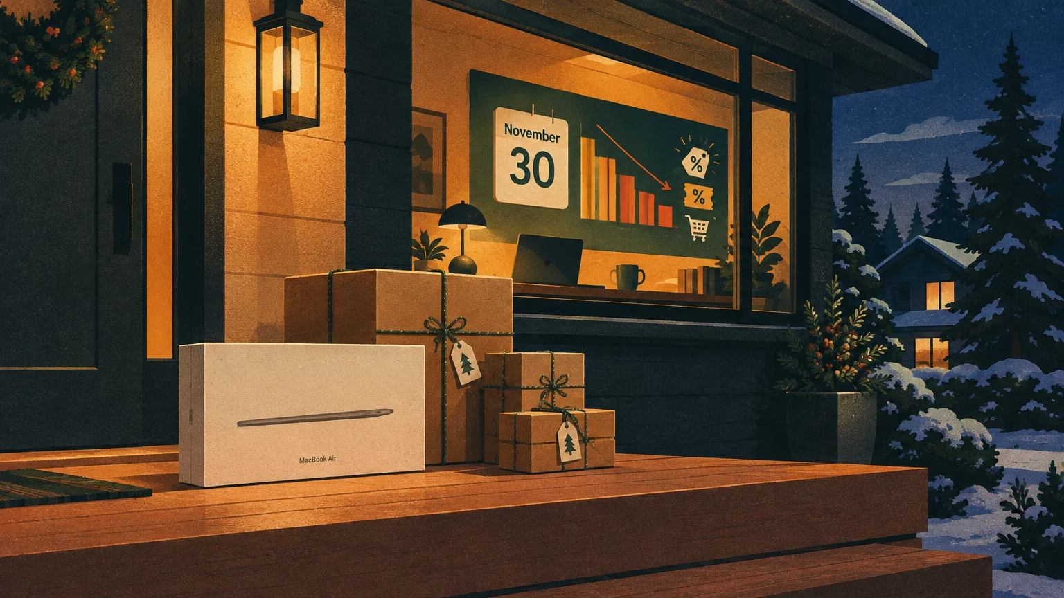 Illustration of packaged deliveries and a MacBook box on a snowy front porch in front of a warm window display.
