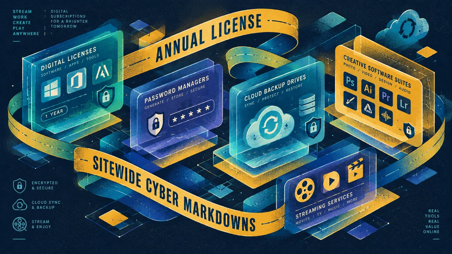 Isometric illustration of glowing digital software and cloud utility cards wrapped in yellow Cyber Monday ribbons.