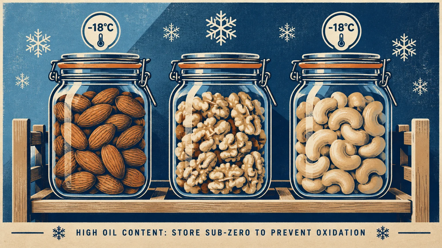 Illustration of three glass jars filled with almonds, walnuts, and cashews on a freezer shelf with snowflakes.