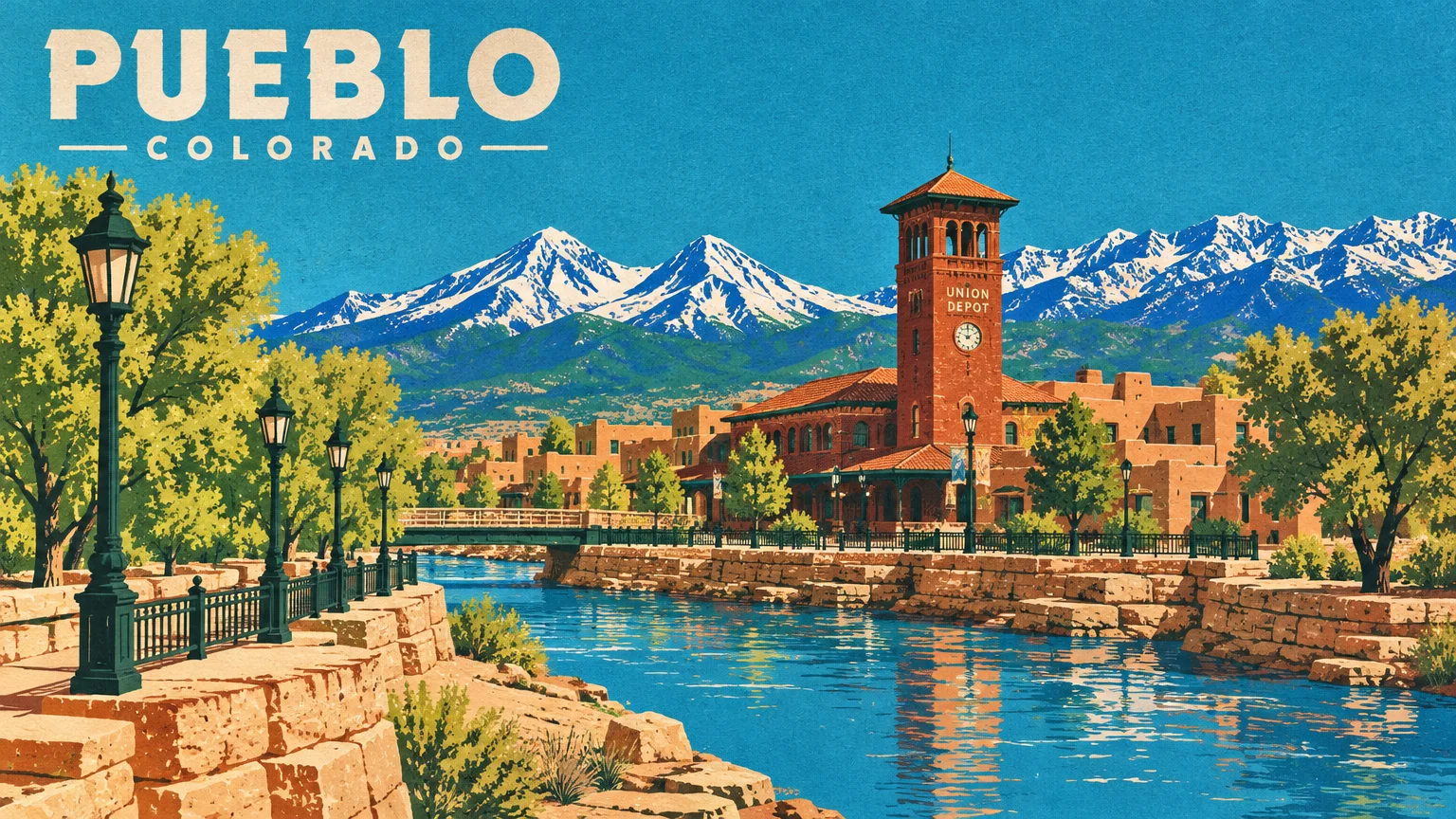 Screenprint illustration of Pueblo, Colorado with a river canal, Union Depot clock tower, and snowcapped mountains.