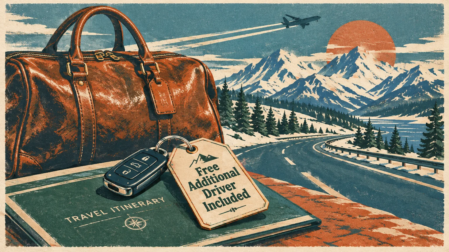 Illustration of a leather bag, travel itinerary, car key fob, and a tag reading "Free Additional Driver Included" by a road.