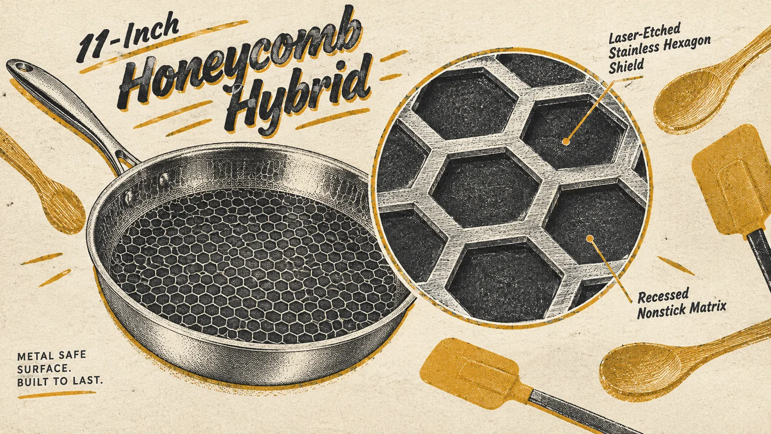 Vintage-style illustration of a honeycomb frying pan with utensils and a circular inset showing the hexagon pattern.