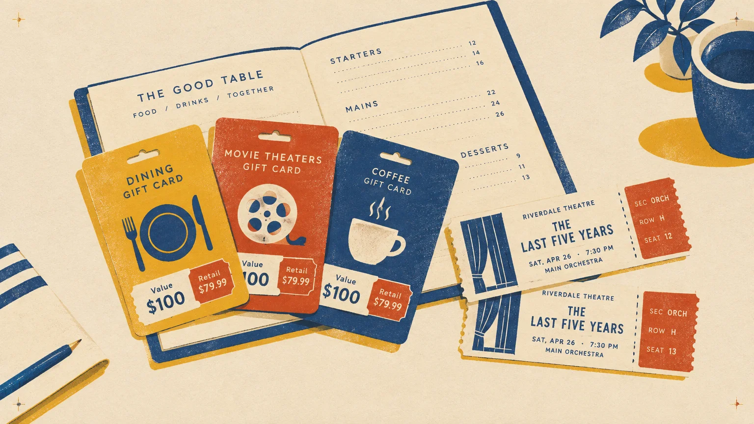 Illustration of gift cards, theatre tickets, and a coffee mug set atop an open restaurant menu on a desk.