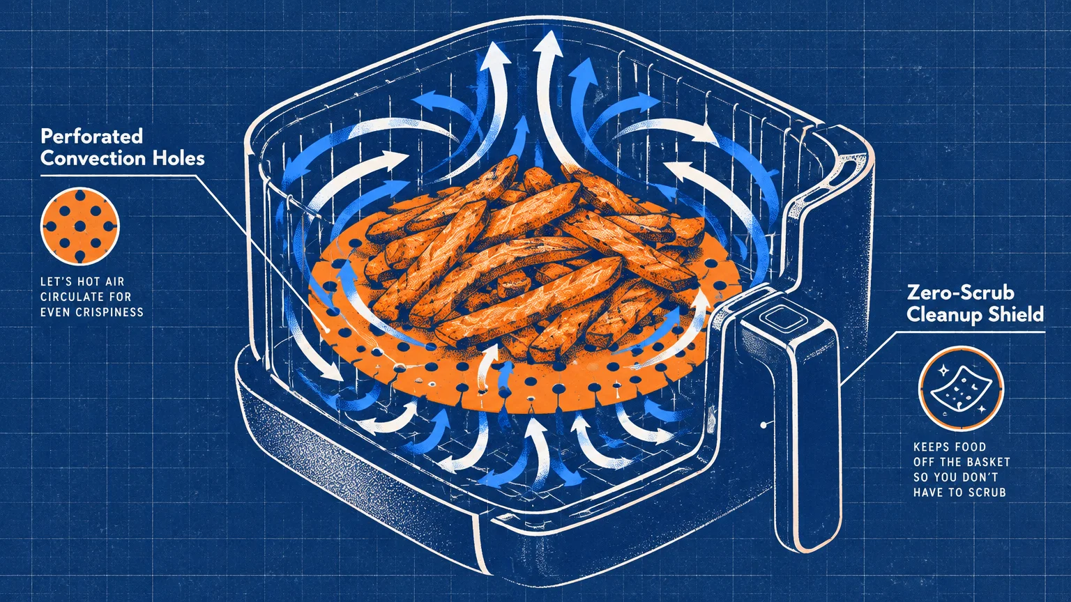 Blueprint-style illustration of fries inside an air fryer basket lined with an orange perforated round showing airflow arrows.