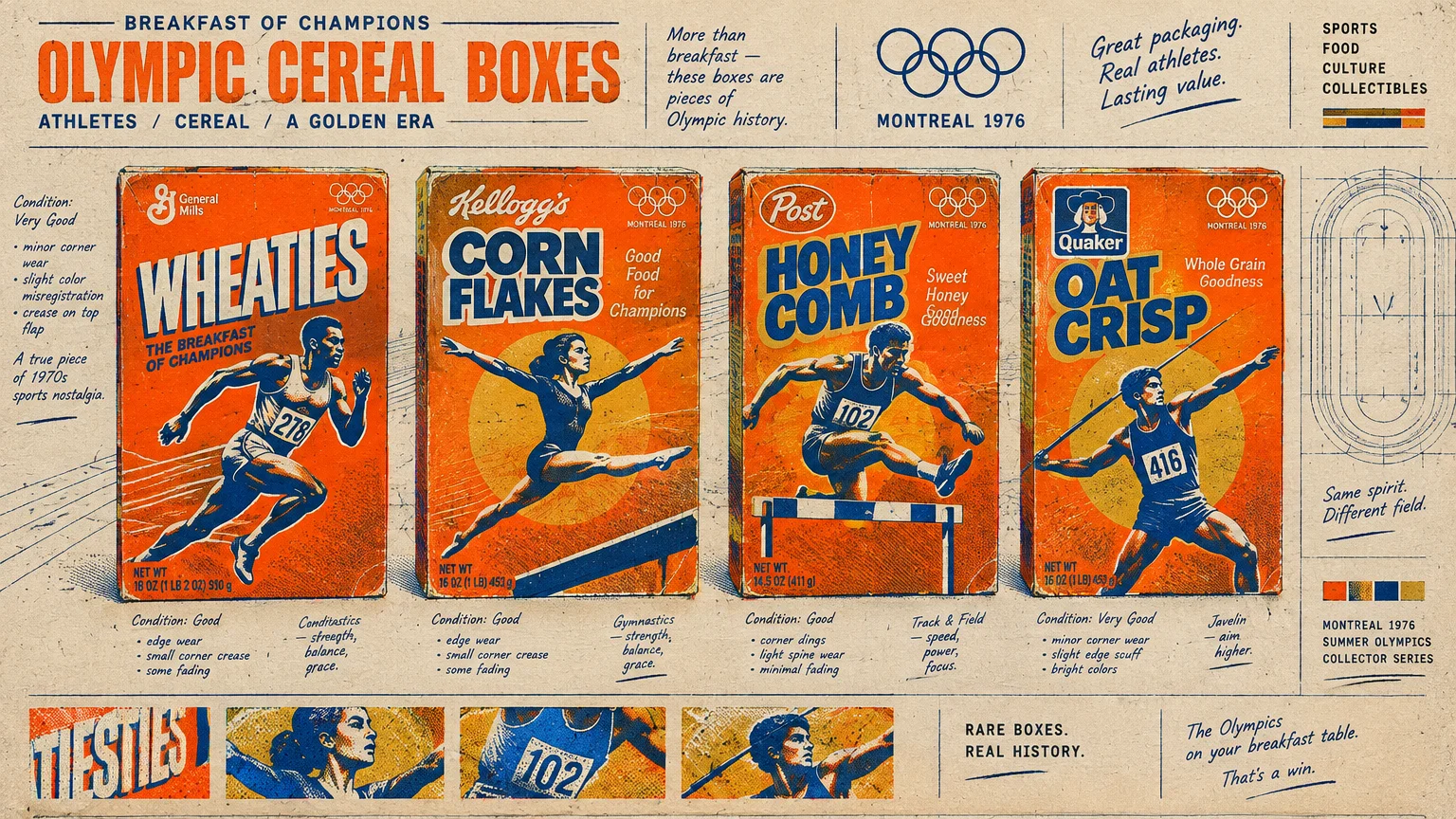 Illustration of four retro Olympic cereal boxes featuring track athletes and a gymnast, with Montreal 1976 branding.