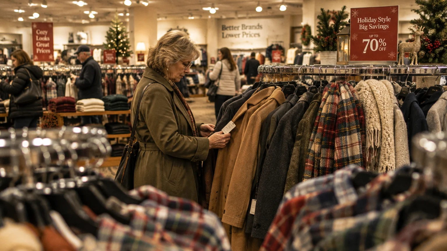 A senior woman browses winter coats and plaid clothing on hangers in a department store decorated for the holidays.