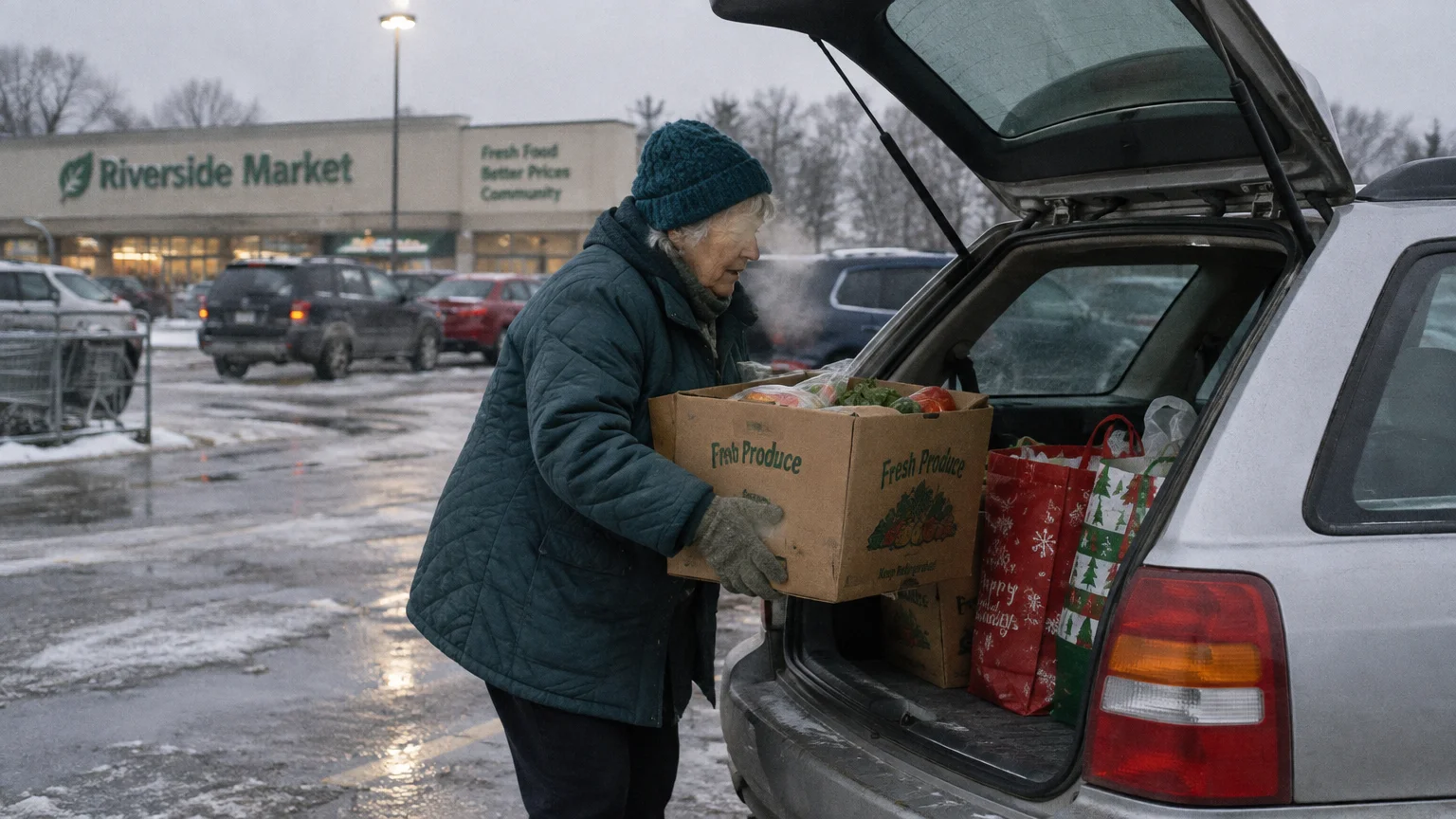 Older woman in a winter coat loading a cardboard produce box into a car trunk outside a grocery store in winter.