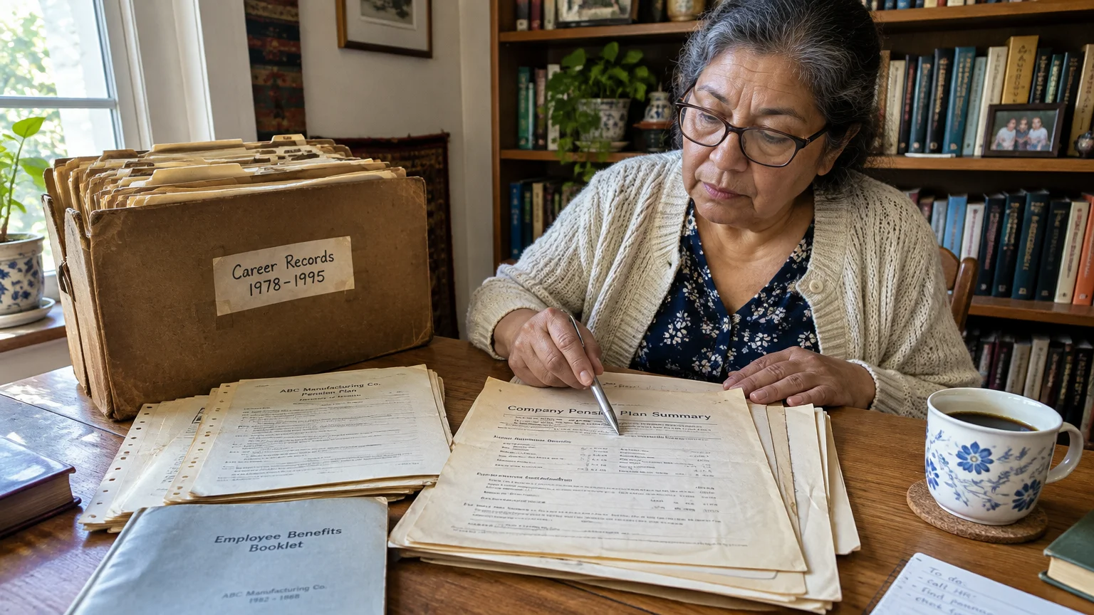 A woman wearing glasses reviews an old company pension plan summary document at a wooden desk with file boxes.