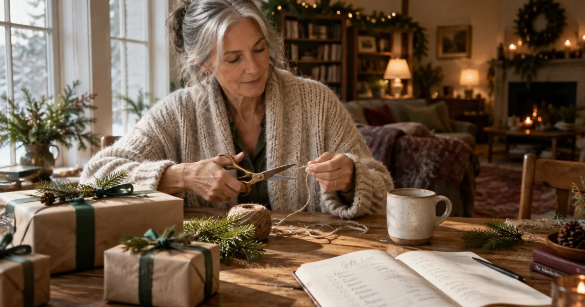 A senior woman wrapping holiday gifts with twine at a wooden table beside a notebook, mug, and wrapped packages.