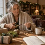 A senior woman wrapping holiday gifts with twine at a wooden table beside a notebook, mug, and wrapped packages.