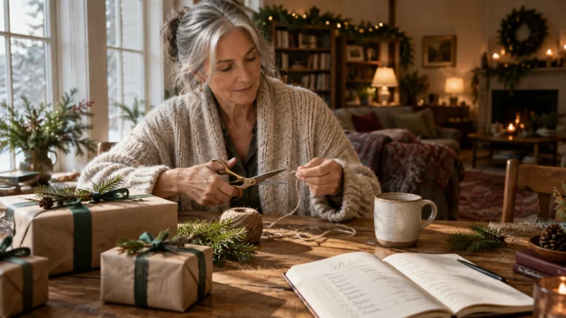 A senior woman wrapping holiday gifts with twine at a wooden table beside a notebook, mug, and wrapped packages.
