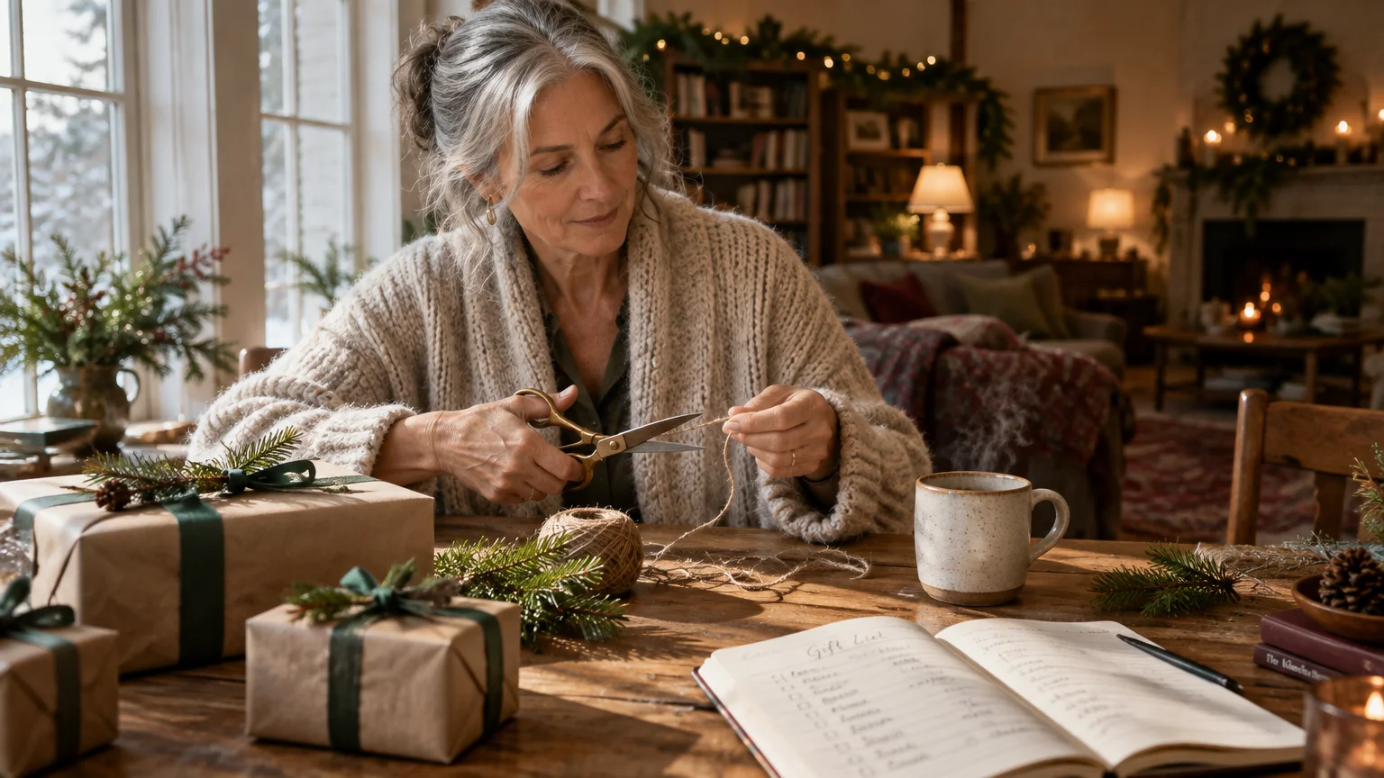 A senior woman wrapping holiday gifts with twine at a wooden table beside a notebook, mug, and wrapped packages.