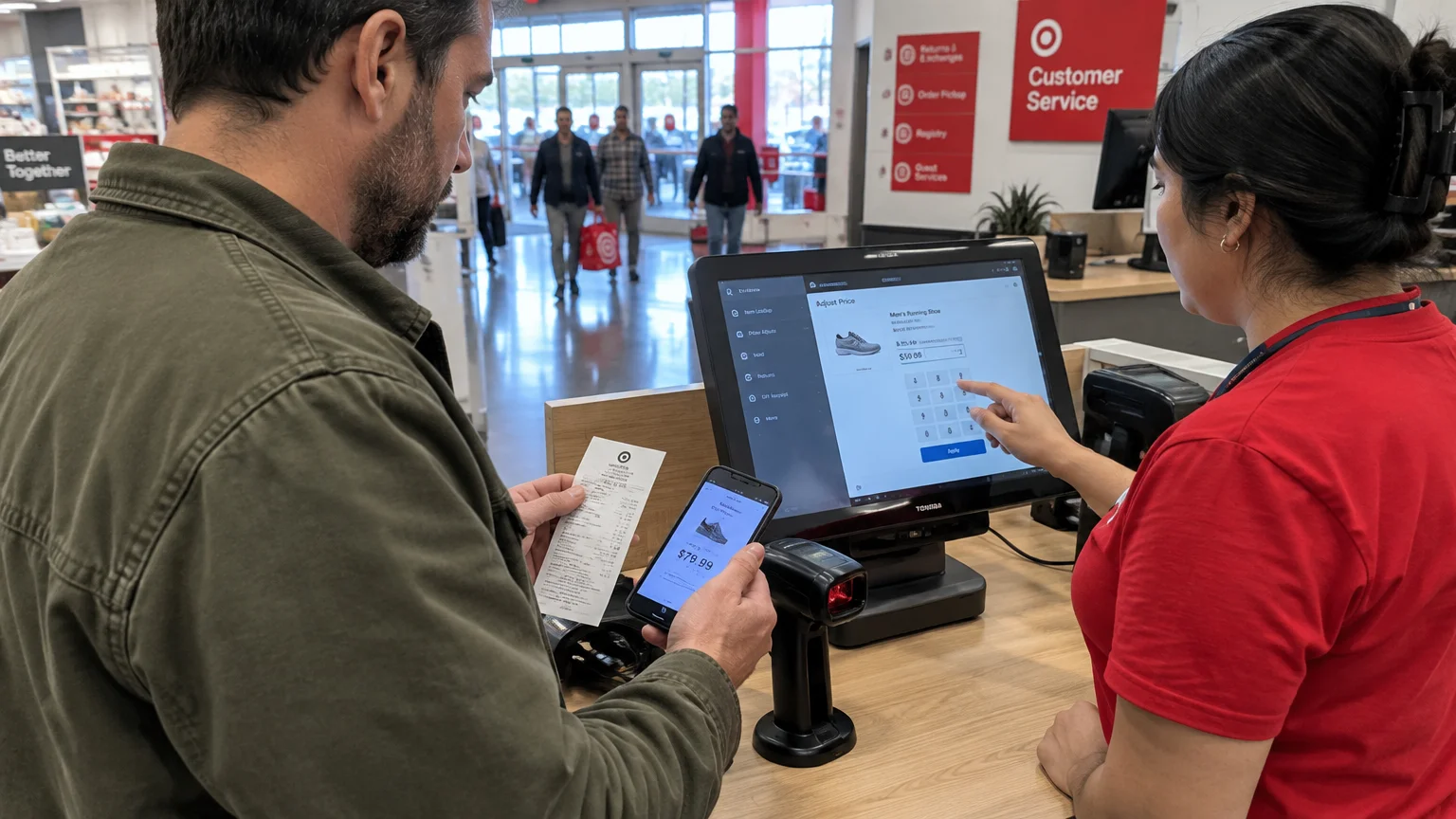 A customer shows a receipt and smartphone to a Target employee at the customer service counter adjusting an item's price.
