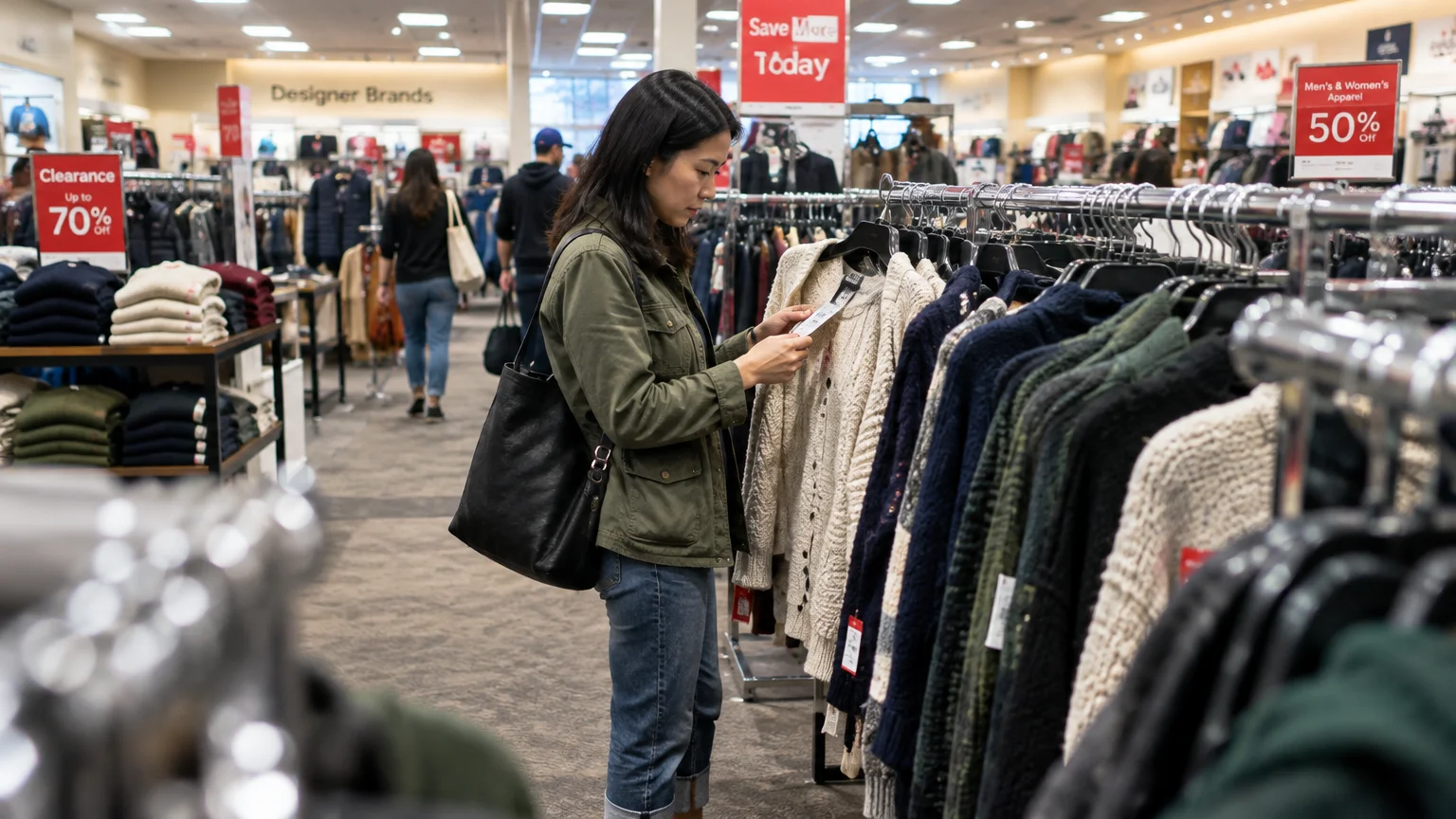 A woman in a clothing store examines the price tag on a cream knit sweater hanging from a clearance rack.