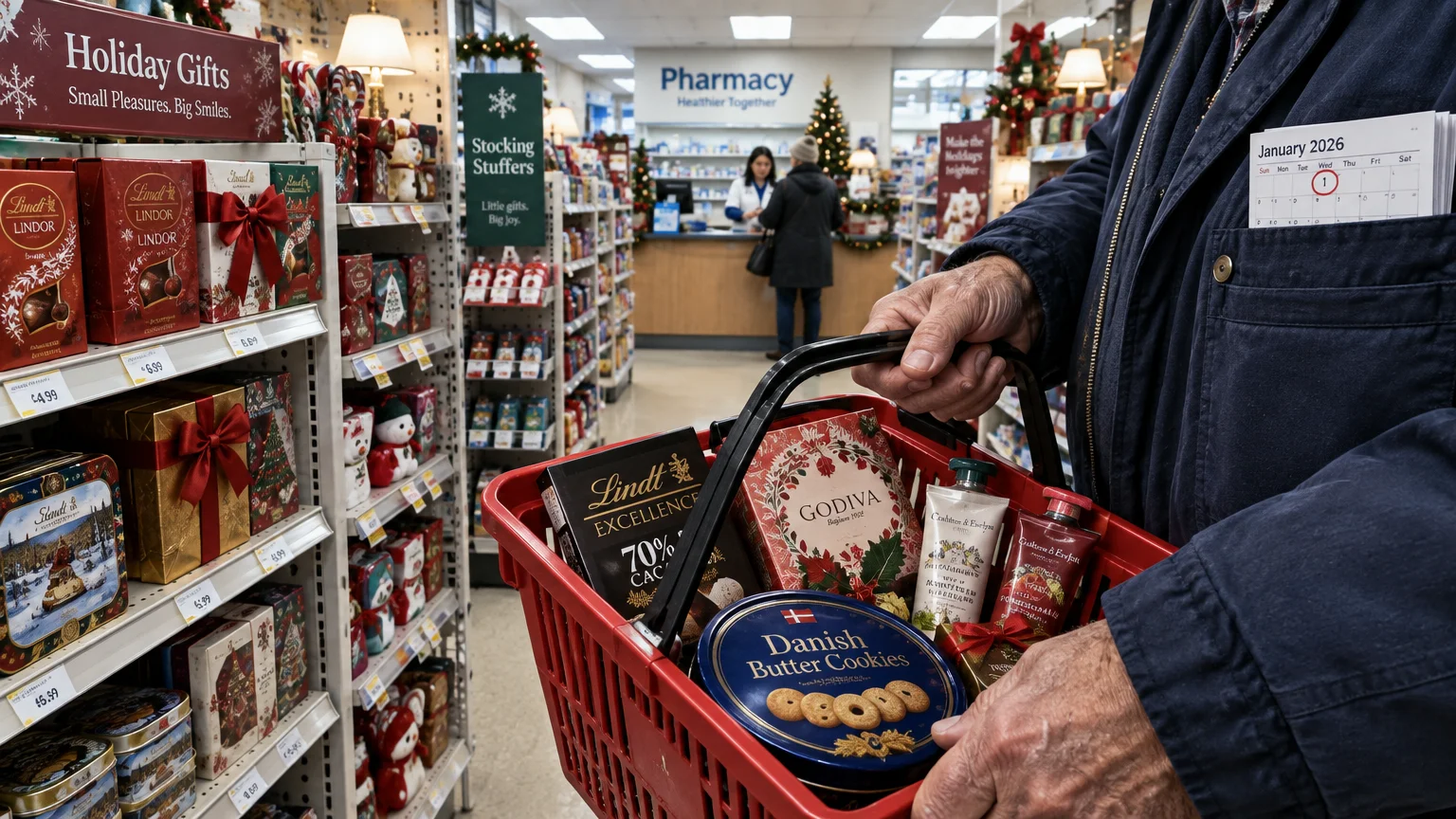A shopper holding a red basket filled with holiday chocolates, cookies, and toiletries in a pharmacy aisle.