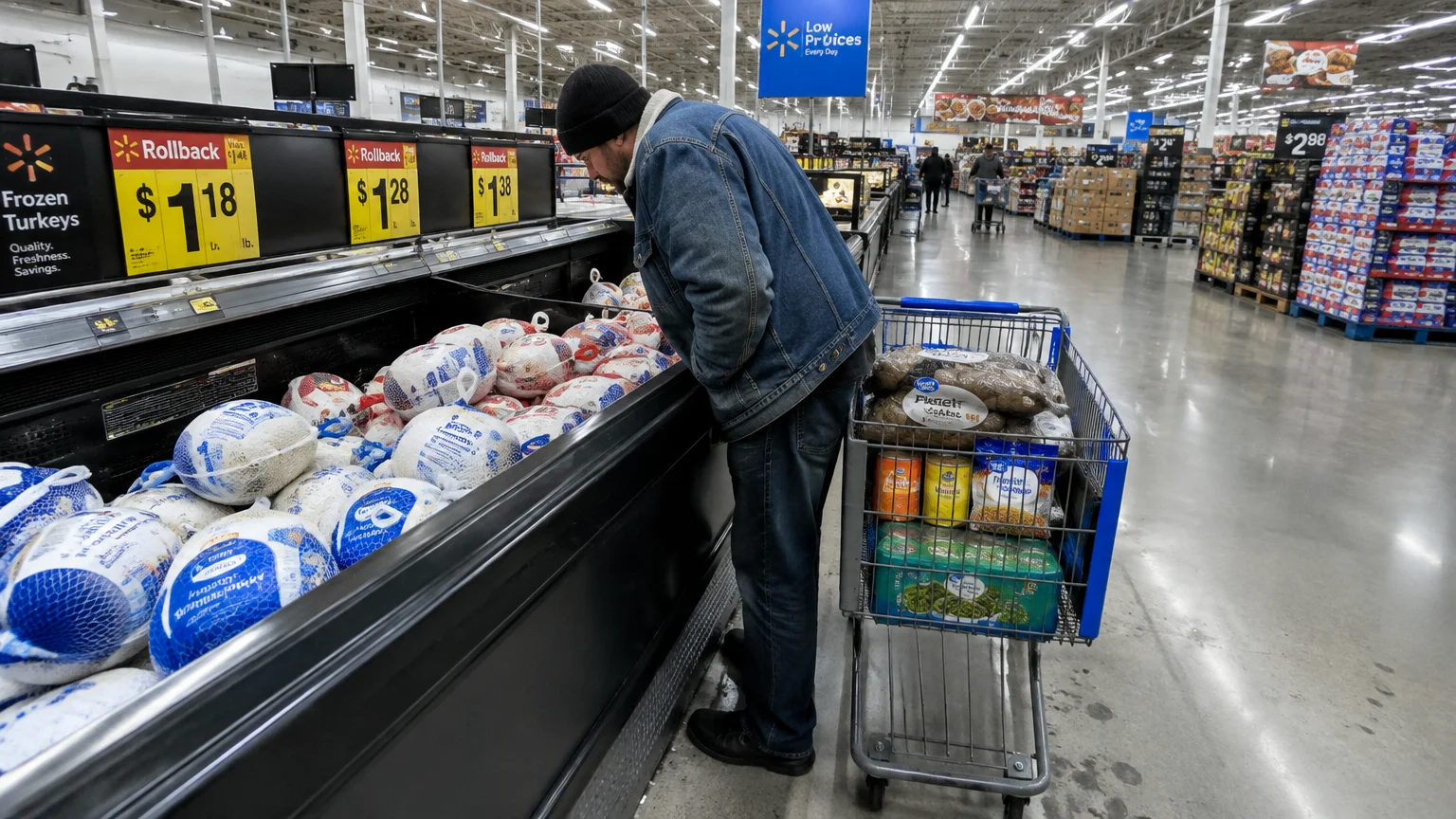 A shopper with a cart inspects frozen turkeys in a Walmart grocery aisle display beneath yellow Rollback price signs.