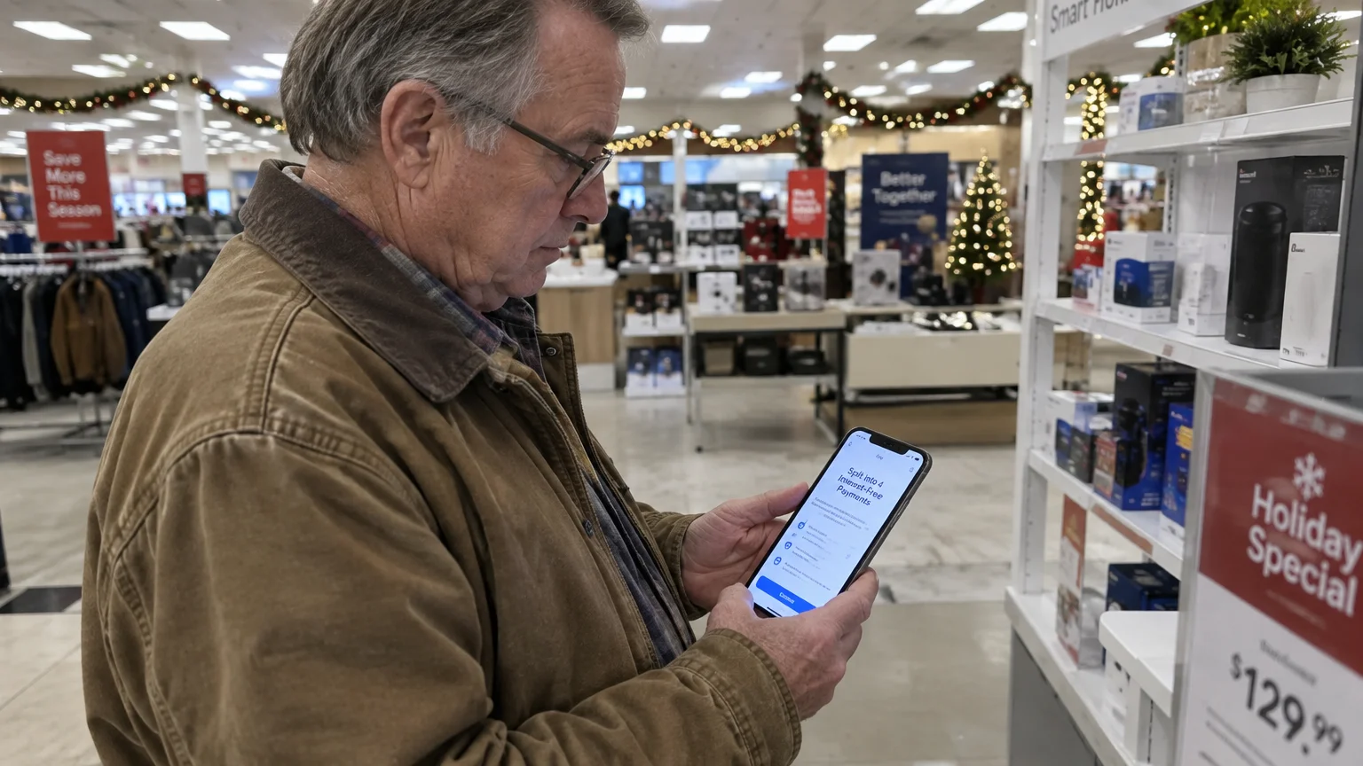 Older man in a store holding a smartphone displaying an installment payment option in an aisle.