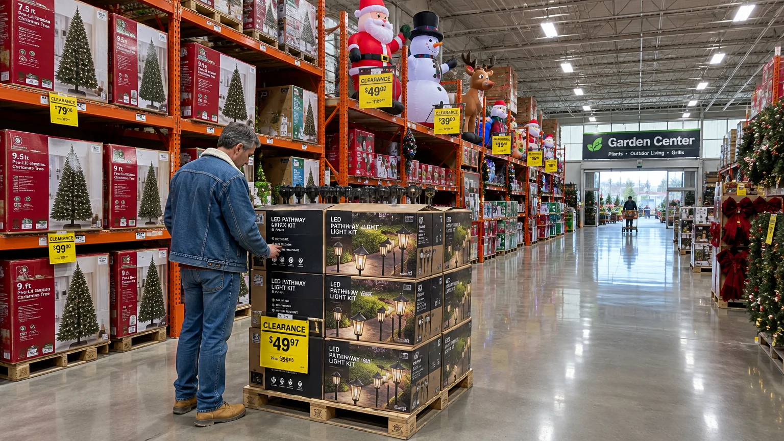 A man shops a clearance pallet of outdoor pathway lights in a store aisle lined with boxed Christmas trees and inflatables.