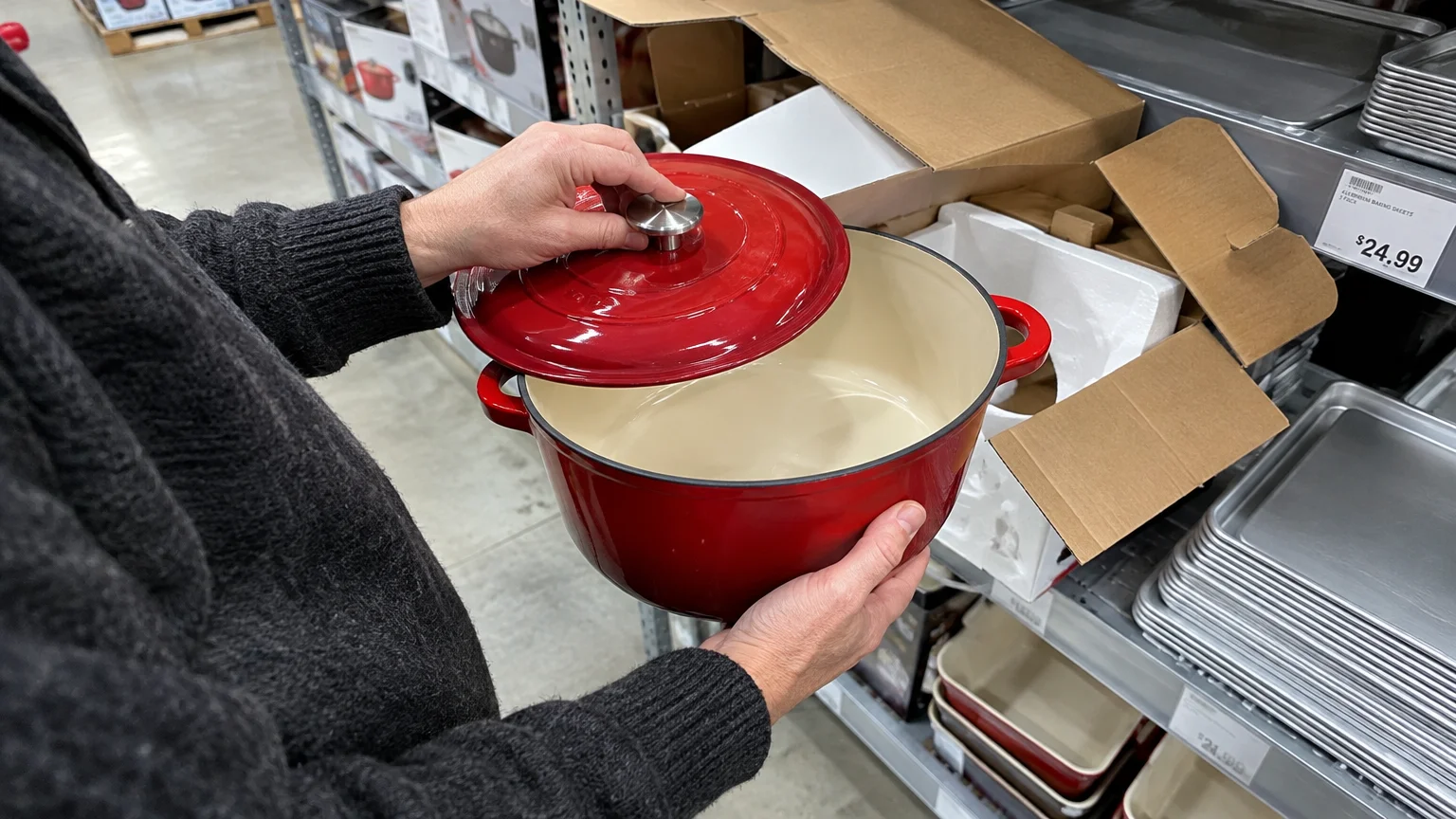 A person holds an open red enameled Dutch oven beside store shelves stocked with baking sheets and cookware.