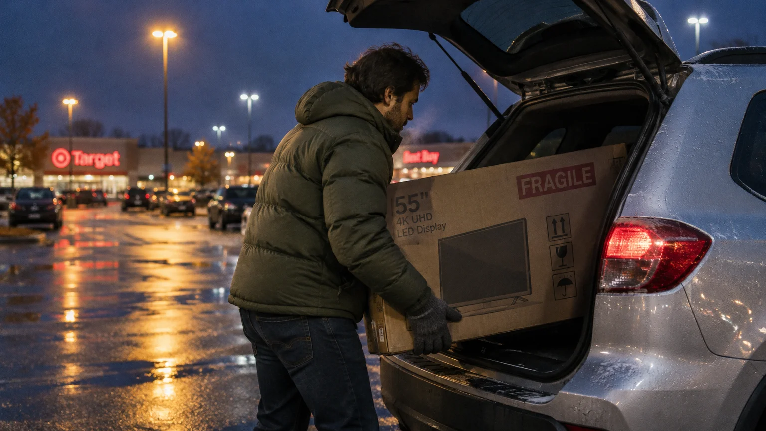 A man in a winter coat loads a large 55-inch television box into the back of an SUV in a wet parking lot at night.