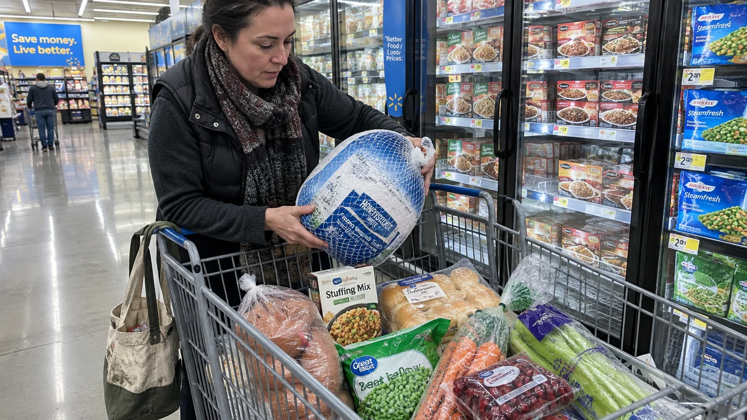 A woman places a large frozen turkey into a shopping cart filled with Thanksgiving groceries inside a supermarket aisle.