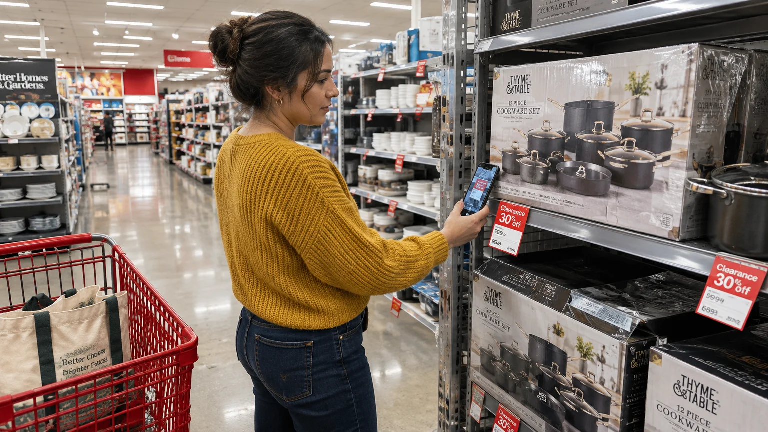 Woman in yellow sweater scanning a boxed cookware set on a clearance shelf with her smartphone in a store aisle.