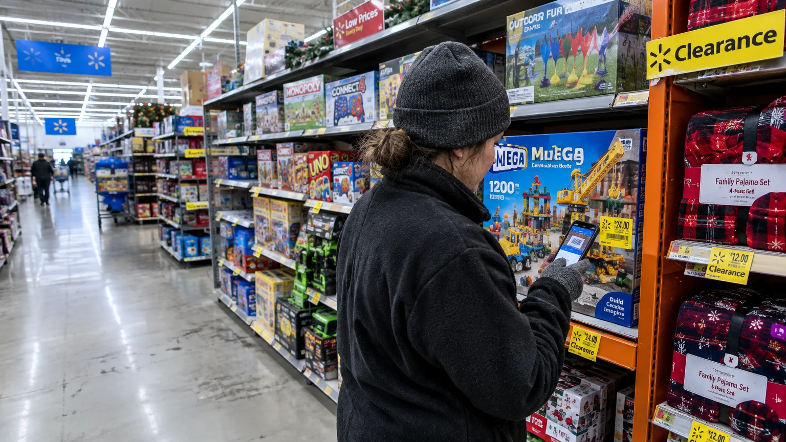 Shopper scanning a toy box with a smartphone in a Walmart clearance aisle stocked with games and boxed pajama sets.
