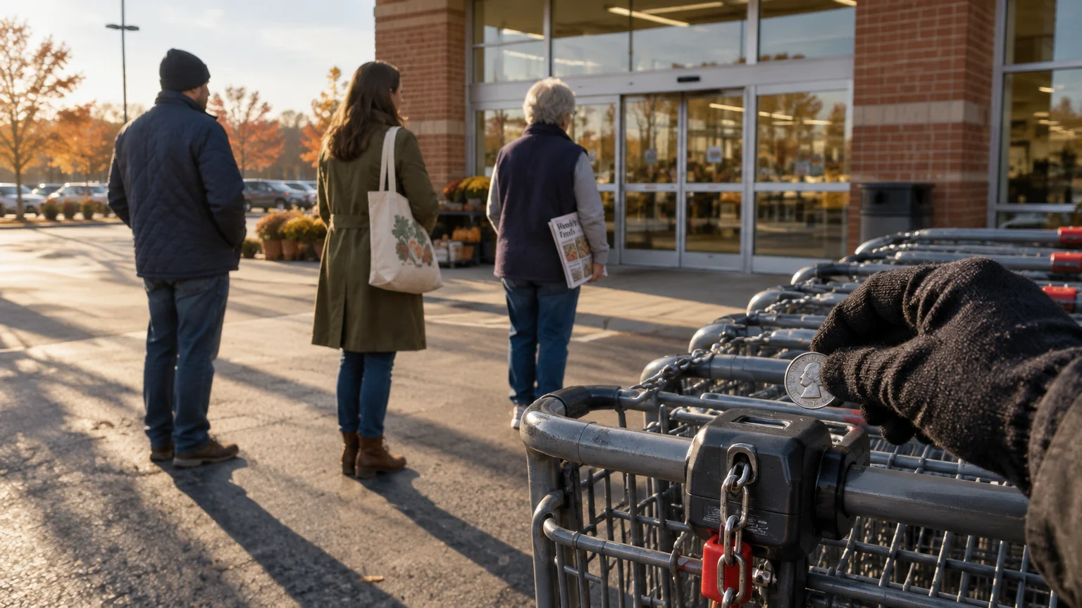 People line up outside a grocery store entrance as a gloved hand inserts a quarter into a shopping cart lock.