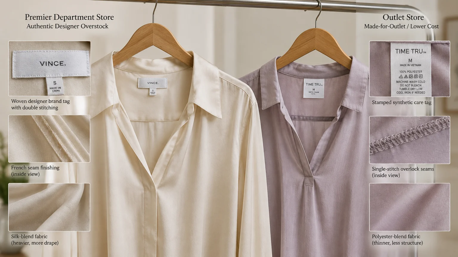 Side-by-side comparison of two hanging blouses with close-up insets comparing tags, seams, and fabric quality.