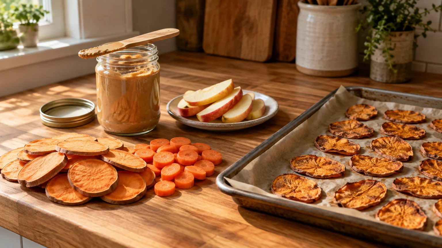 Sliced sweet potatoes, sliced carrots, apple wedges, peanut butter, and baked sweet potato rounds on a baking sheet.