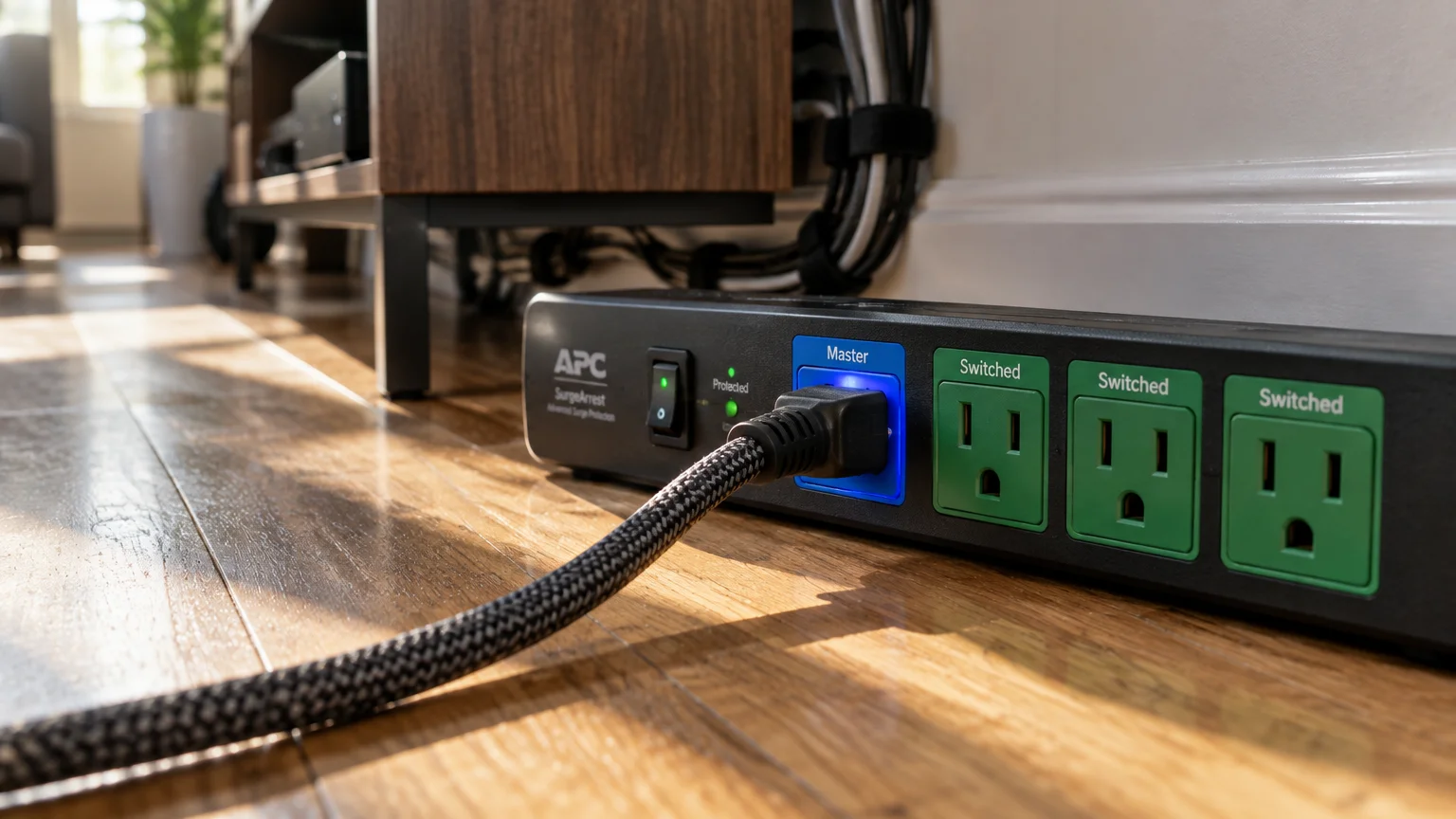 Smart power strip on a hardwood floor with a power cord plugged into an illuminated blue master outlet.