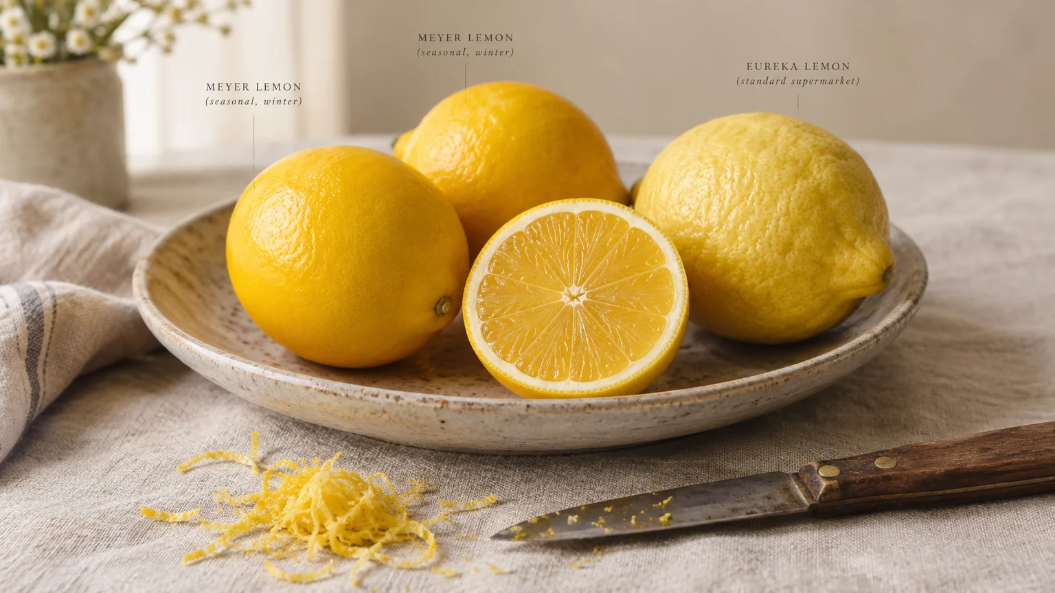 Whole and sliced Meyer lemons alongside a Eureka lemon in a ceramic dish with zest and a paring knife on linen.
