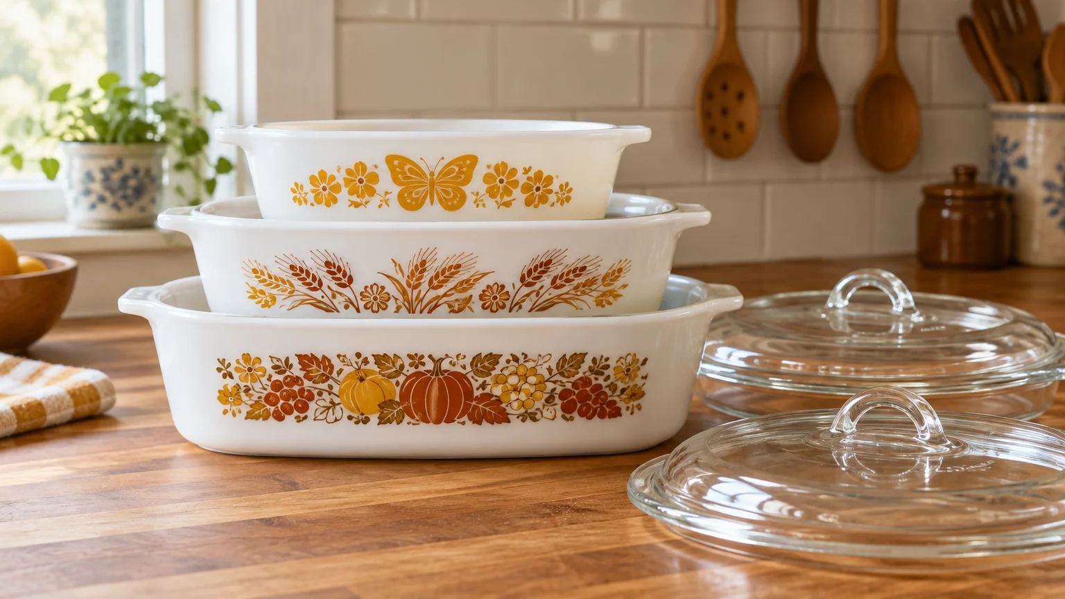 Stacked vintage white Pyrex casserole dishes with autumn patterns next to clear glass lids on a wooden kitchen counter.