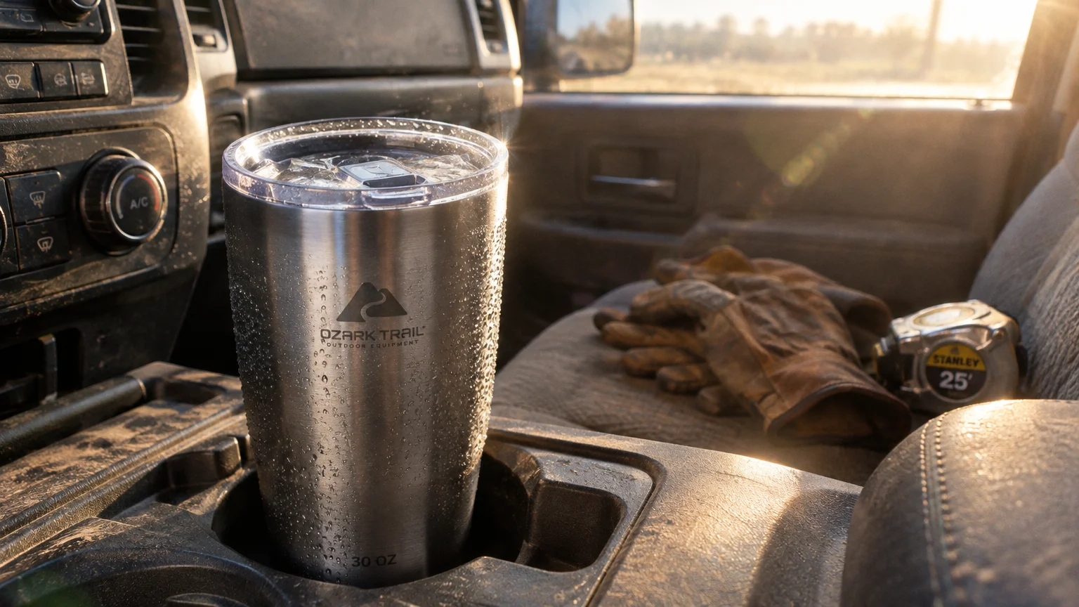 Stainless steel Ozark Trail 30 oz tumbler with water droplets sitting in a truck cup holder next to work gloves.
