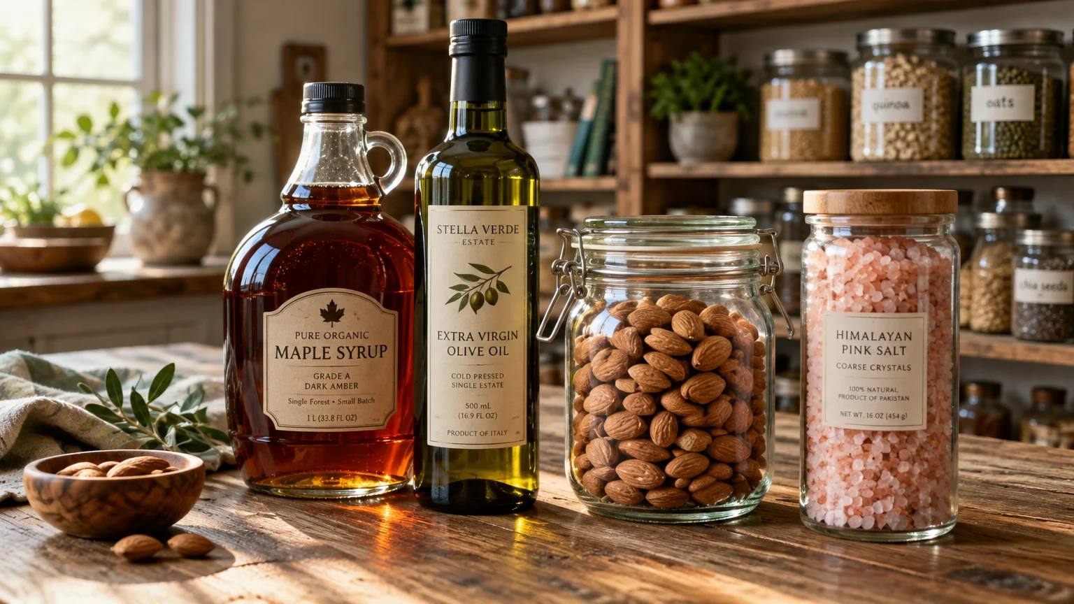 Bottles of maple syrup and olive oil beside glass jars of almonds and pink salt on a rustic wooden counter.