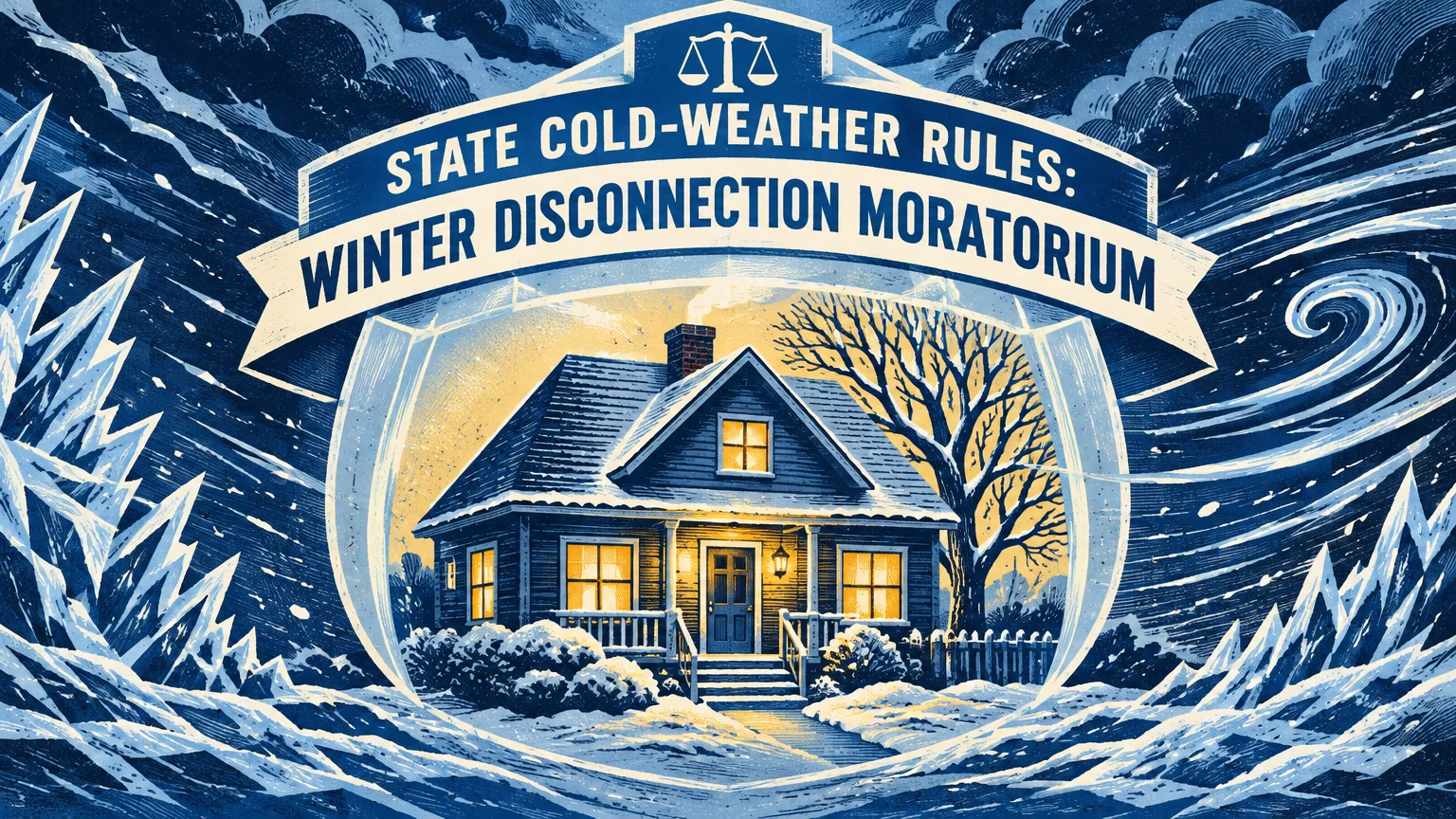 Illustration of a warm house sheltered by a dome in a winter blizzard under a disconnection moratorium banner.