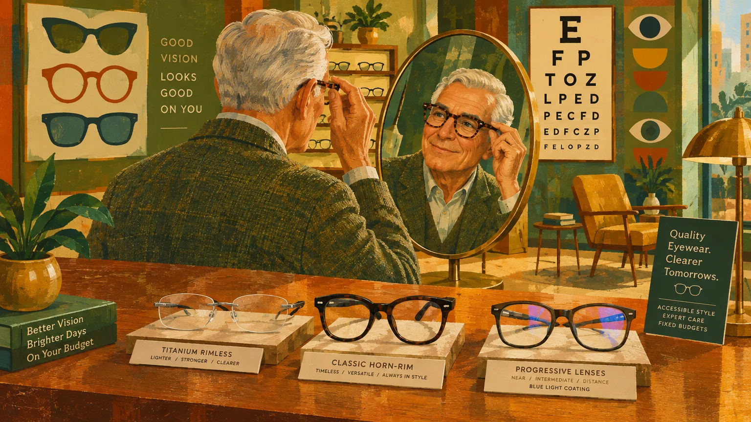Illustration of an older man trying on eyeglasses in an optical shop mirror, with frames displayed on the counter.