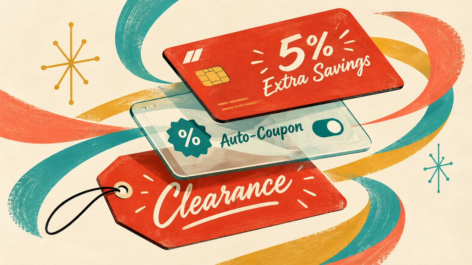 Illustration of stacked discount layers showing a 5% card, an auto-coupon toggle, and a clearance price tag.